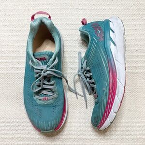 HOKA teal green and red Clifton 5 athletic running shoes 8.5